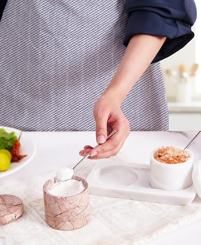 Radicaln Marble Salt Cellar With Lid 3" Inches Handmade White and Marinara Stone Salt Container For Kitchen Ideal Holder With Lid, Spice jar & Salt Cellar Set of 2 With Tray