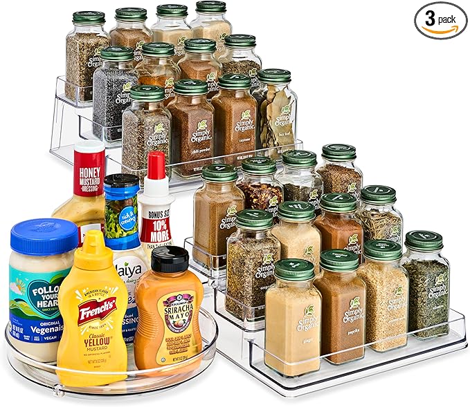 Sorbus Pantry Spice organizer Set, 3-Tier Seasoning Organizer for Cabinet (2 Pack) and Lazy Susan Spice Rack Turntable 9-Inch, Spice Organization for Cabinet, Condiment Organizer Pantry & Refrigerator
