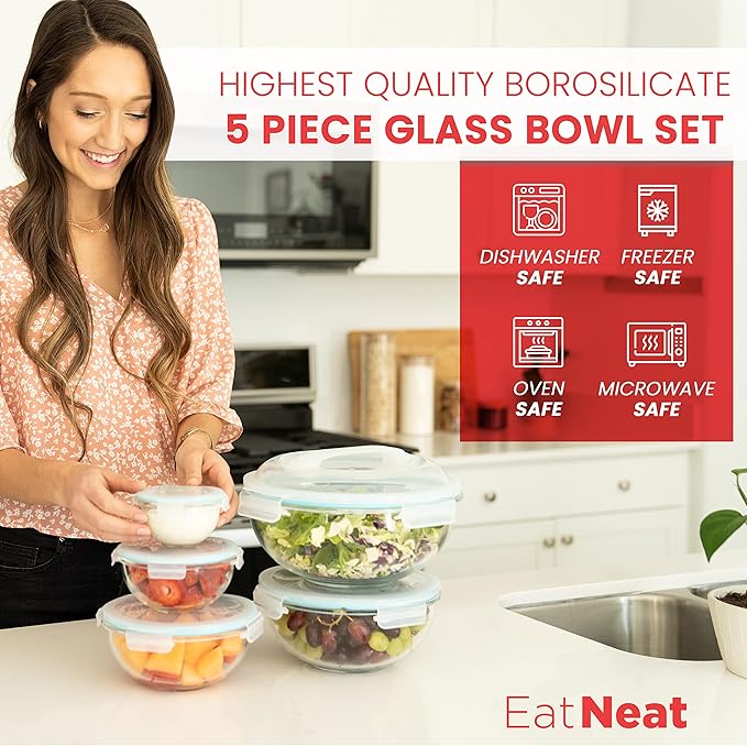 EatNeat Set of 5 Glass Food Storage Bowls with Airtight Snap Lock Lids - Salad, Mixing, Cooking, Meal Prepping & Leftover Keeping, Stackable & Nesting