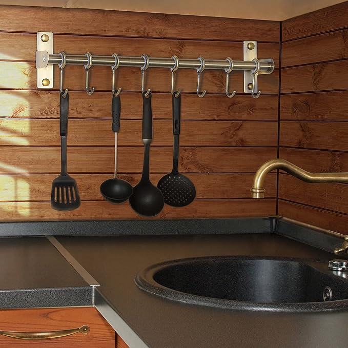 Dseap Kitchen Hooks for Hanging Utensils, Hanging Pot Rack, Kitchen Utensil Hanger Rail with 8 Hooks for Pots Pans, Spoons, Mugs, Wall Mounted, Stainless Steel, Bronze, Pack of 2
