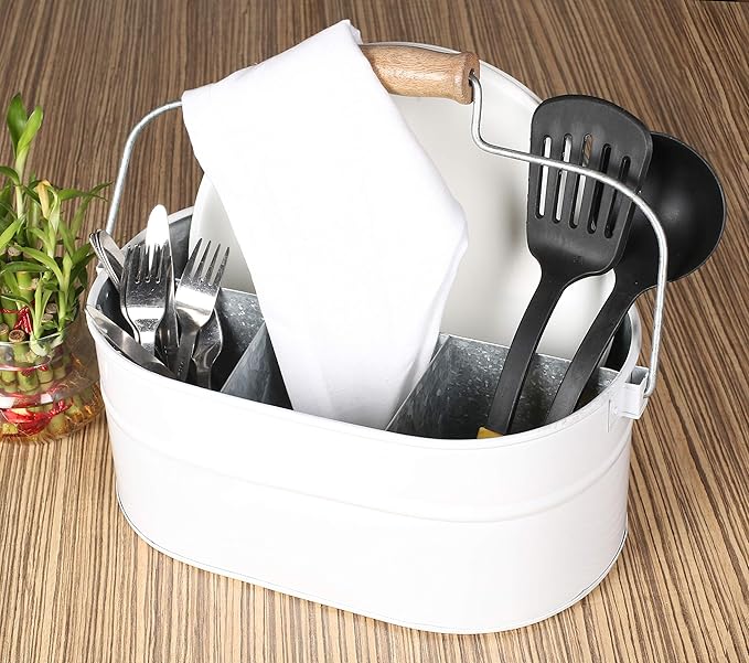 Alpha Living Home - Rustic Galvanized Metal Utensil Caddy – 4-Compartment Organizer with Removable Handle, White Farmhouse Chic Design for Kitchen, Picnics & Parties (13.5"x10"x5.5")