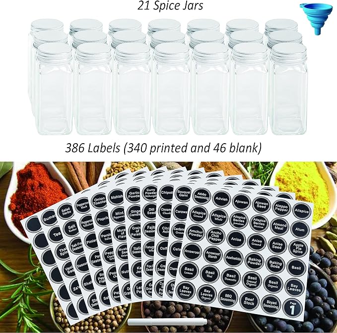 GONGSHI 3 Tier Spice Rack Organizer with 21 Empty Spice Jars, 386 Spice Labels, pen and Funnel Set for Countertop Cabinet Pantry or Wall Door Mount - Chrome