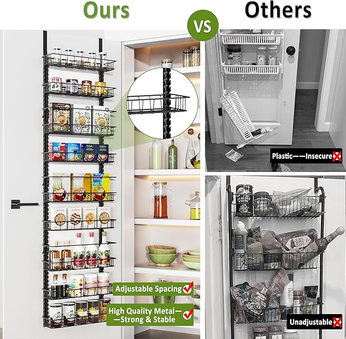 Churboro Over the Door Pantry Organizer Rack with 9 Adjustable Baskets, 9 Tiers Dual-use Hanging or Wall Mount Spice Rack Organizer, Black