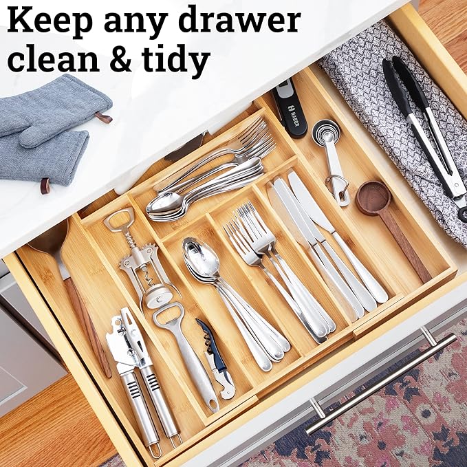 Dynamic Gear Premium Bamboo Drawer Organizer, Silverware Organizer, 100% Pure Bamboo, Adjustable Utensil Organizer, Kitchen Drawer Organizer, Silverware Tray for Drawer (6-8 slots)