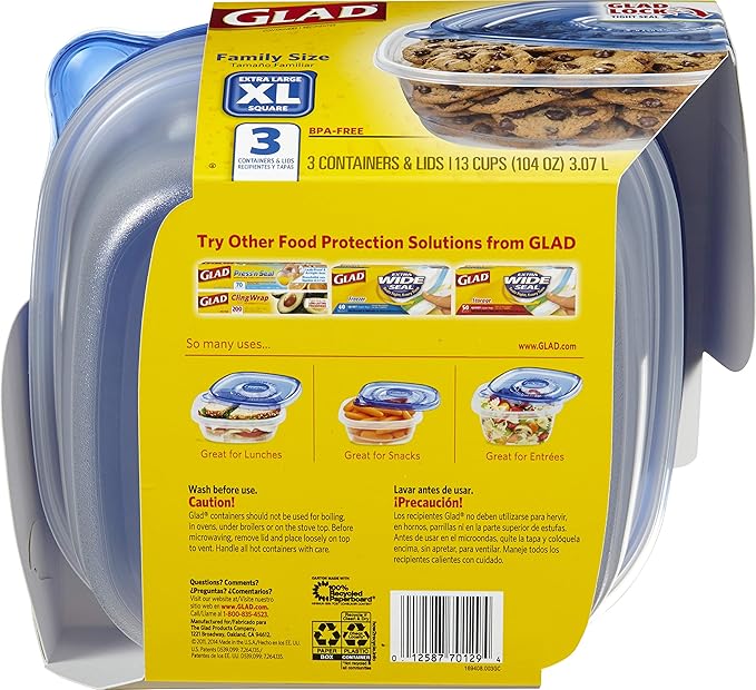 GladWare Family Size Food Storage Containers, XL | Large Square Food Storage, Containers Hold up to 104 Ounces of Food, Large Set 3 Count Food Containers