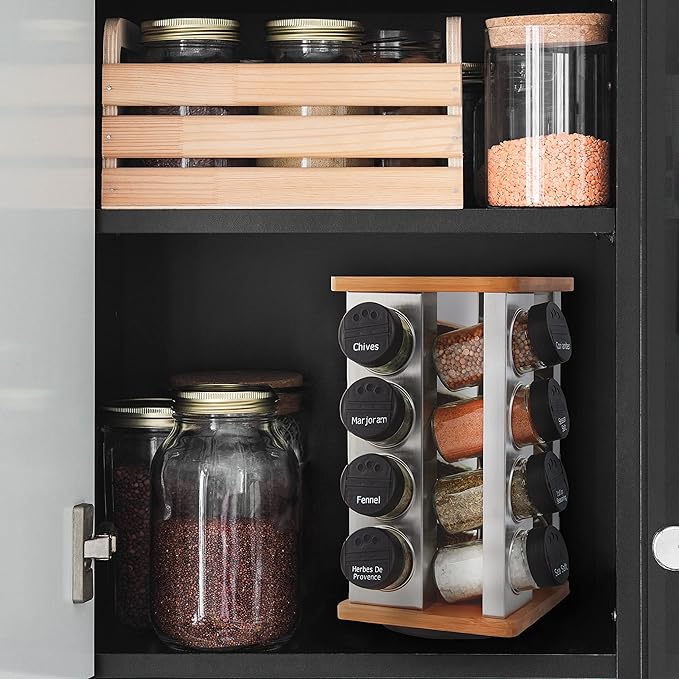 Kamenstein 16 Jar Warner Revolving Countertop Spice Rack Organizer with Lift & Pour Caps and Spices Included, FREE Spice Refills for 5 years, Stainless Steel & Bamboo with Black Caps