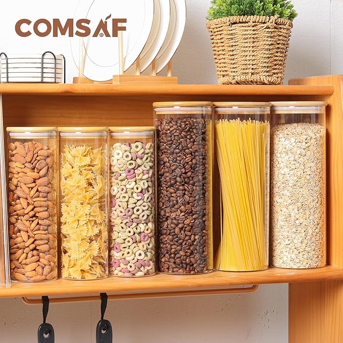ComSaf Glass Food Storage Jars Set of 6, Tall Glass Storage Containers with Lids, Spaghetti Jar, Canisters Set for the kitchen, Pasta, Flour, Nuts, Oat, Coffee and Sugar Container, Pantry Organization