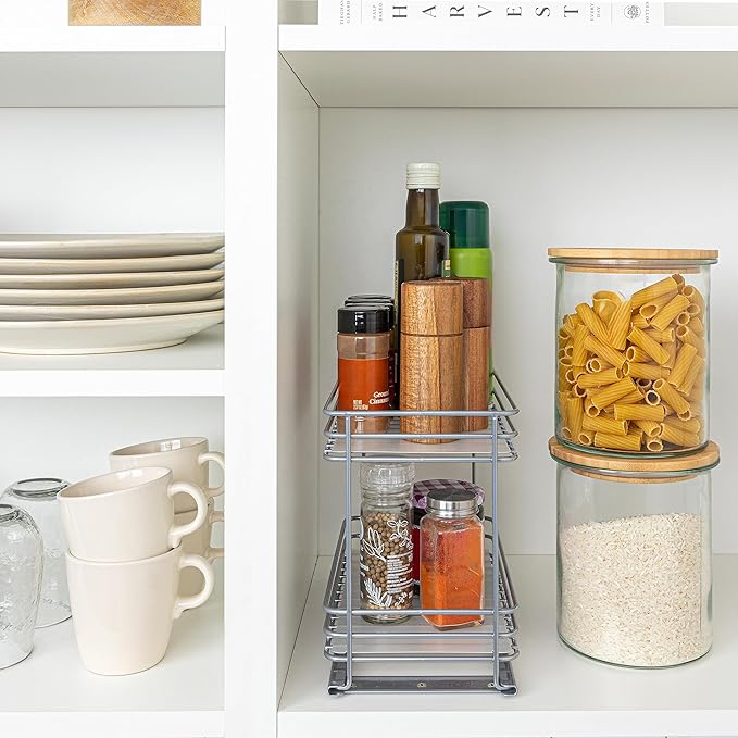 Household Essentials Glidez Paint-Finished Steel Pull-Out/Slide-Out Storage Organizer with Plastic Liner for Spice Rack Use - 2 -Tier Design - Fits Standard Size Cabinet or Shelf, Brushed Silver