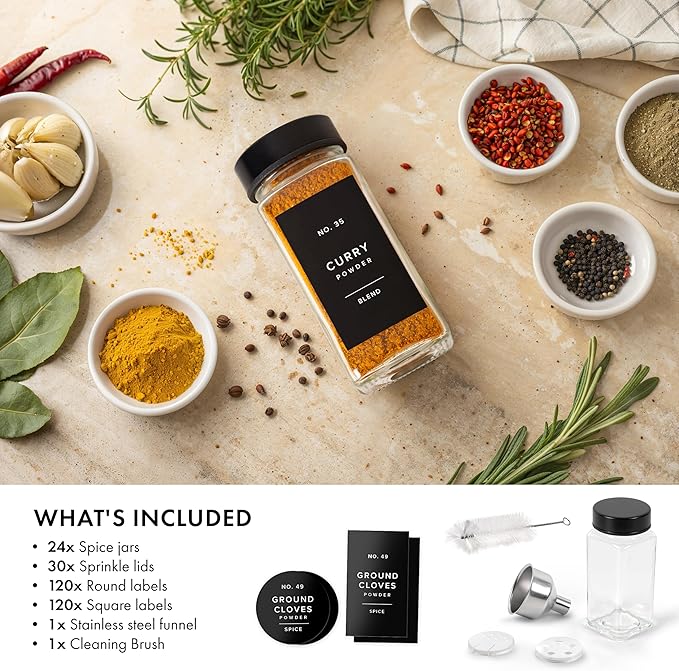 Glass Spice Jars with Label and Black Lids (24 x 4oz) Spice Containers with 240 Labels, Shaker Inserts, Steel Funnel, Empty Square Empty Square Seasoning Organizer