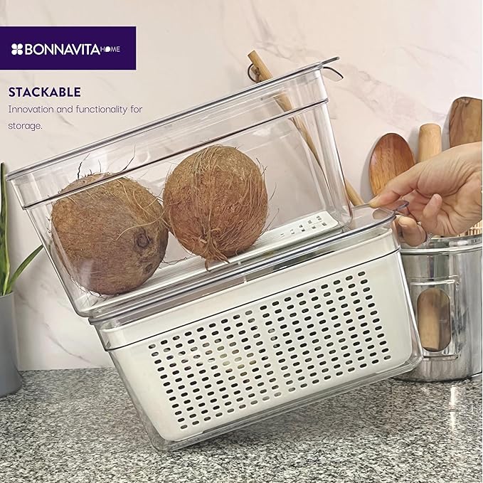 Clear Stackable Storage Containers with Lids BPA-Free Organizer Bins for Refrigerator Pantry Fridge Drawer with Colander and Dividers for Kitchen Food Preservation and Home Organization BPA Free