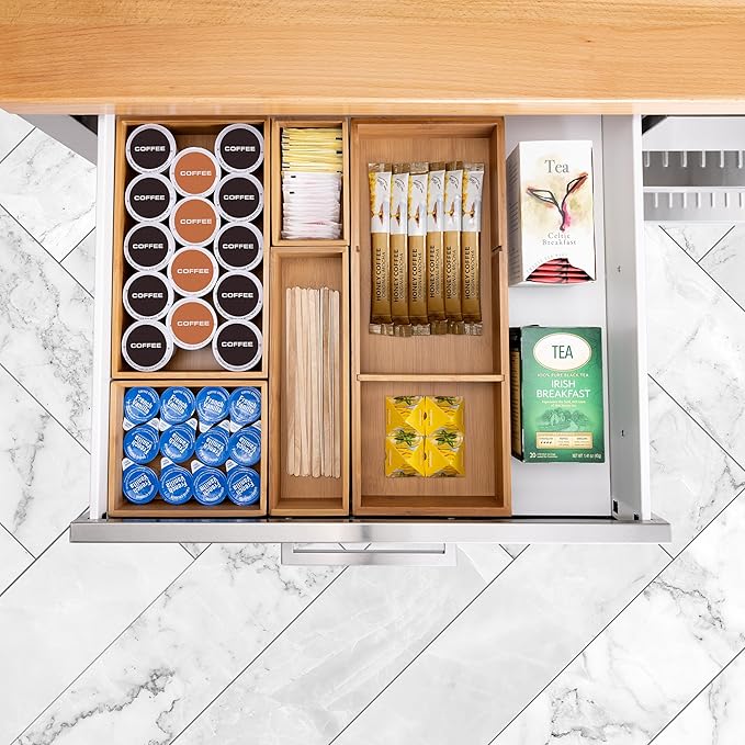 Seville Classics Bamboo Premium Organizer Storage Bins for Kitchen Silverware, Pantry, Closet, Office Desk, Pens, Utensils, Makeup, K Cup, Bamboo, Bin Set w/Dividers (5 Piece)