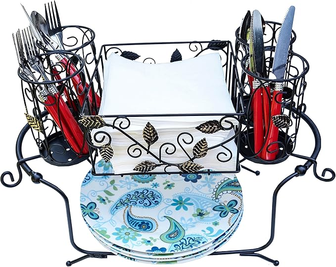 Utensil Caddy - Silverware Caddy or Napkin, Cutlery and Plate Holder - The Ideal 2-Piece Portable Outdoor Kitchen Accessories Buffet Organizer for Picnics, Camping, Barbecue, Parties and Events