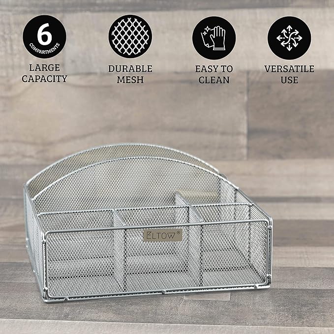 ELTOW Silverware Holder and Paper Plate Organizer for Countertop, 6 Compartment Utensil Caddy for Parties, Home, Office, or RV Lifestyle (Silver)
