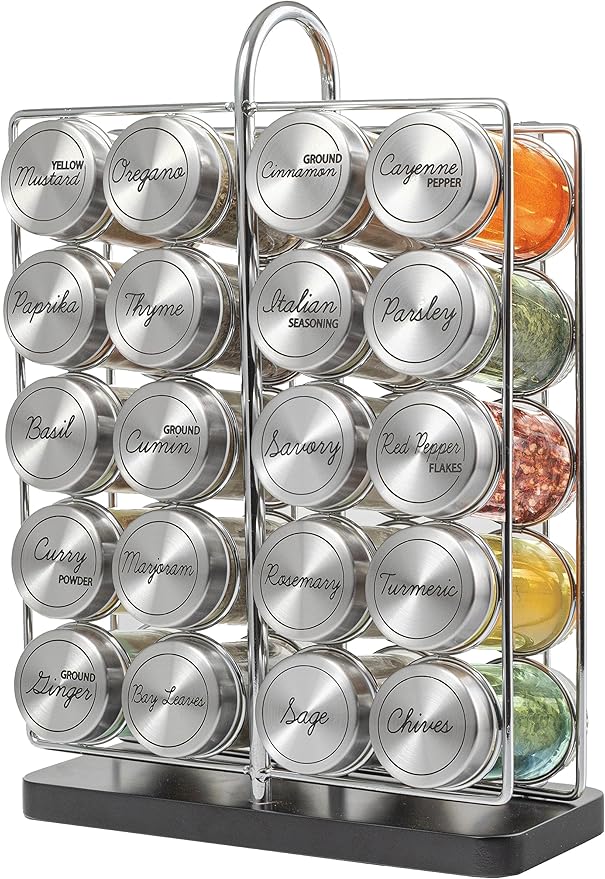 Orii 20 Jar Spice Rack Stainless Steel with Spices Included - Standing Rack Shelf Holder & Countertop Spice Rack Tower Organizer for Kitchen Spices with Spice Refills for 5 Years