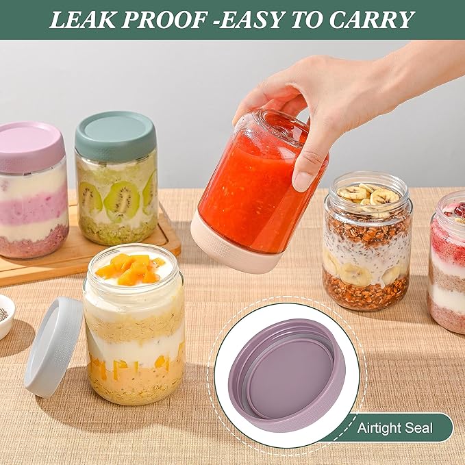Overnight Oats Containers with Lids 6 Pack-16 Oz Mason Jar with Lids-Overnight Oats Jars Glass Food Storage Containers for Chia Seed Pudding Salad Cereal Coffee Spices