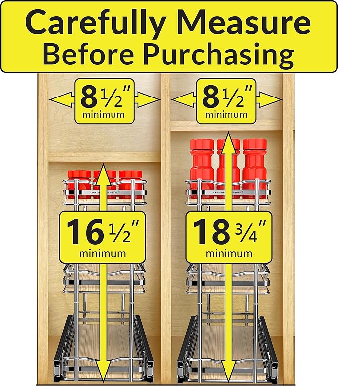 LYNK PROFESSIONAL® Élite™ Pull Out Spice Rack Organizer for Inside Kitchen Cabinets - 6"x21" - Slide Out Drawer – Wood/Chrome Sliding Spice Cabinet Organization Shelf Racks - 3 Tier