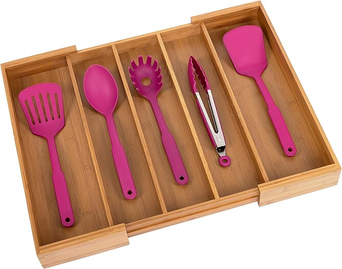 Seville Classics Bamboo Premium Organizer Storage Bins for Kitchen Silverware, Pantry, Closet, Office Desk, Pens, Utensils, Makeup, K Cup, Bamboo, Expandable Tray (5 Compartment)