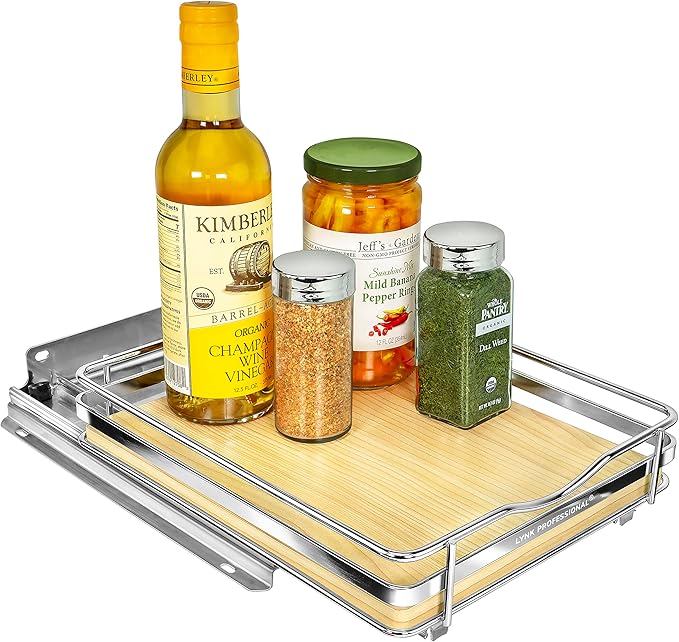 LYNK PROFESSIONAL® Élite™ Pull Out Spice Rack Organizer for Inside Kitchen Cabinets - 8-1/4 inch Wide - Slide Out Drawer – Wood/Chrome Sliding Spice Cabinet Organization Shelf Racks - 1 Tier
