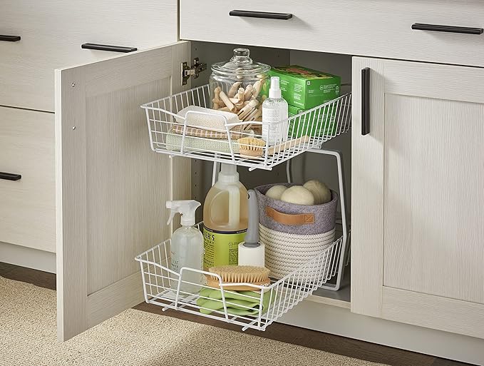 ClosetMaid 14 in. Pull Out Cabinet Organizer, 2 Tier, Heavy Duty, Slide Out Pantry Shelves Drawers for Kitchen, Bathroom, White