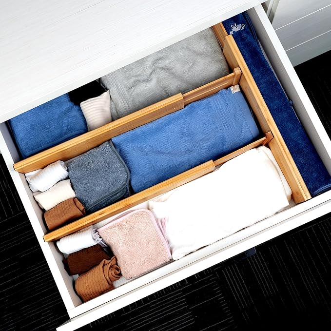 Utoplike Bamboo Drawer Dividers Large, 4'' High Adjustable Kitchen Drawer Organizers for Clothing, Spring Loaded, Works in Bathroom, Bedroom, Dresser, Desk, 4 PCS