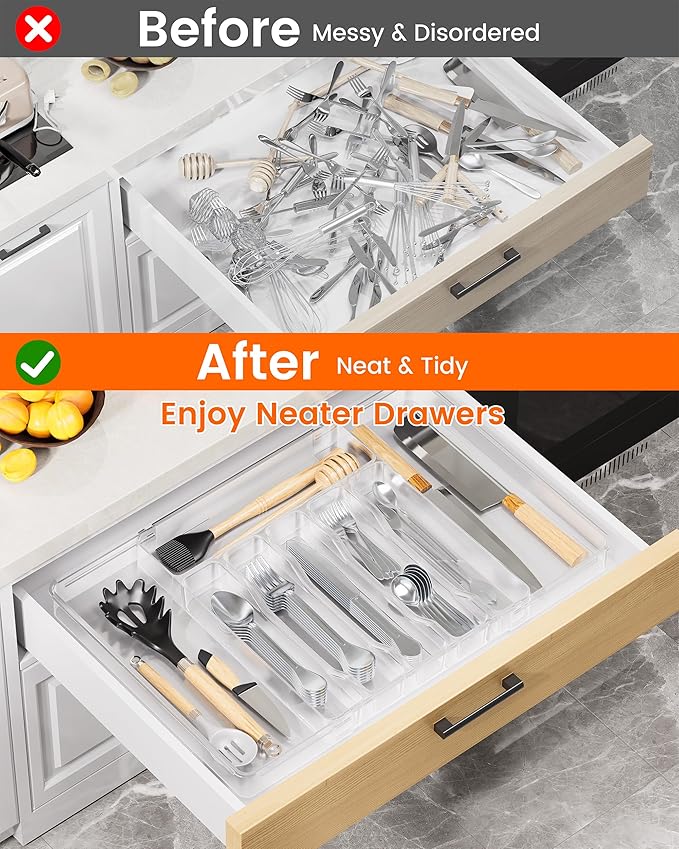 Flatware Organizer for Drawer Silverware Tray, Adjustable Food Grade Utensil Organizer Cutlery Holder for Kitchen Drawer, Heavy-Duty Plastic Storage for Spoons Forks Knives, Large, Clear