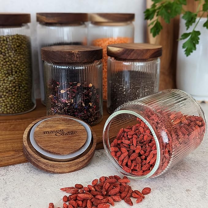 Mason & Fable Ribbed Glass Jar with Wooden Lid 17oz, Set of 3 | Airtight Fluted Storage Canisters for Food, Tea, Coffee, Candy/Spice | Organization Canisters for Home & Kitchen