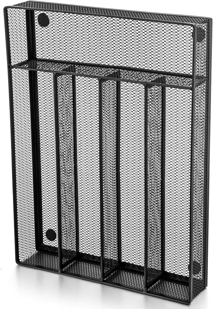 E-far Silverware Drawer Organizer, Mesh Wire Utensil Tray Drawer Organizer for Kitchen, Black Narrow Metal Flatware Cutlery Holder/Divider, 5 Compartment & Small Size - 12.5 x 9.25-Inch