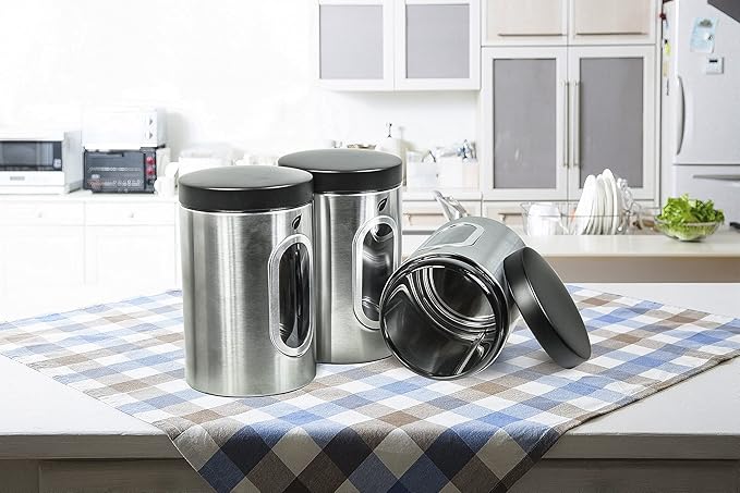 Stainless Kitchen Canisters - Modern Kitchen Decoration of Canister Set with Multiple Preservation Purposes by Tight Sealed Lids, Good for Wedding Gifts Kitchen Canisters Set of 3(SC-001)