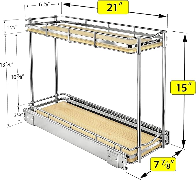 LYNK PROFESSIONAL® Élite™ Pull Out Spice Rack Organizer for Inside Kitchen Cabinets - 6"x21" - Slide Out Drawer – Wood/Chrome Sliding Spice Cabinet Organization Shelf Racks - 2 Tier