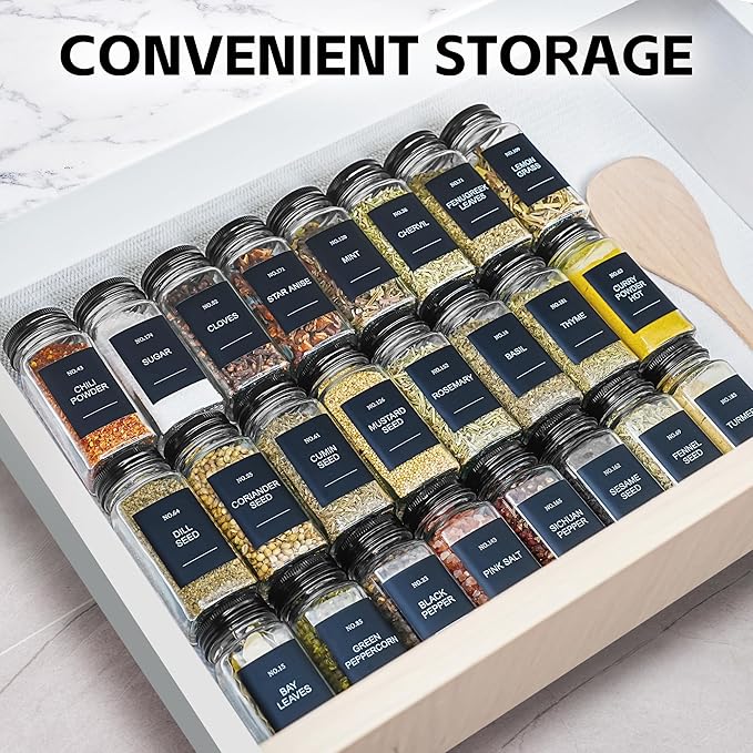 Spice Jars, 24 Pcs 4oz Seasoning Jars with Label, Glass Jars with Shaker Lids, Spice Containers Bottles with Pepper Grinder & Stainless Steel Funnel for Seasoning Organizer, Cabinet, Drawer