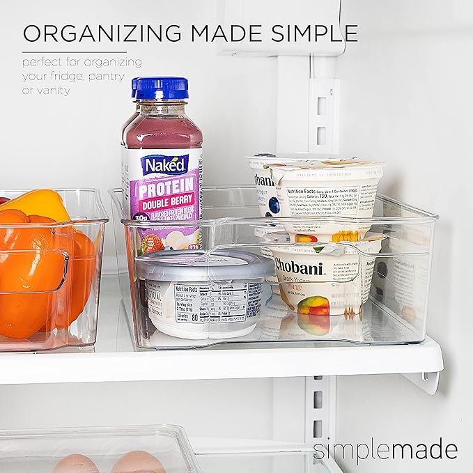 SIMPLEMADE Clear Refrigerator Organizer Bins - Clear Bins for Fridge, Containers for Fridge and Freezer, Multipurpose Storage for Kitchen, Office, Bathroom, Pack of 4 (8" x 12")