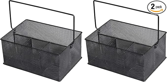 YBM HOME Mesh Basket Utensil Holder & Picnic Silverware Caddy Organizer with Four Compartments and Napkin Storage, Black (2 Pack)