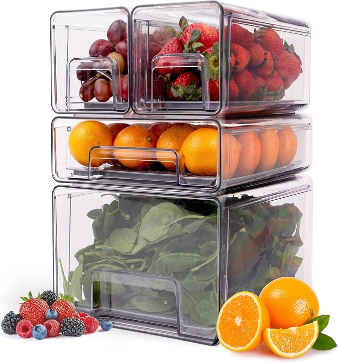 4-Pack - Fridge Organizer Bins - Stackable Fridge Organization with Drawers, Water Collection Insert, Easy Access Refrigerator Organizers and Storage