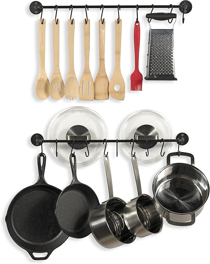 Wallniture Cucina 24" Gourmet Kitchen Rail Wall Mount Kitchen Utensil Holder with 10 S Hooks for Hanging Pots and Pans Set of 2, Black