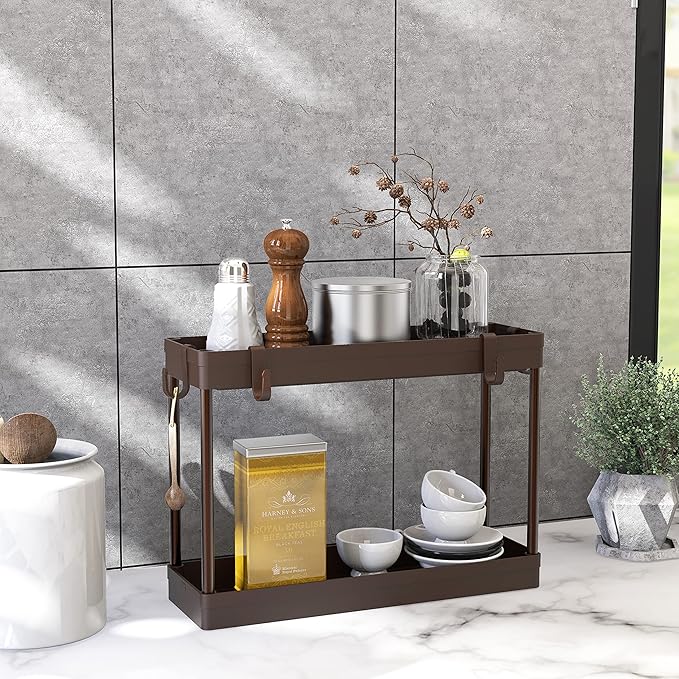 Simple Houseware 2-Tier Under Sink Organizer Storage Tray with Hooks, Brown