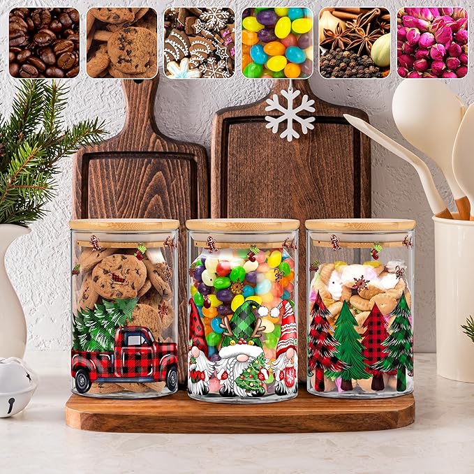 3 Pack Christmas Glass Storage Jars With Airtight Bamboo Lid Gnome Red Truck Canister Sets for Kitchen Countertop Decor Cookie Jars Candy Containers