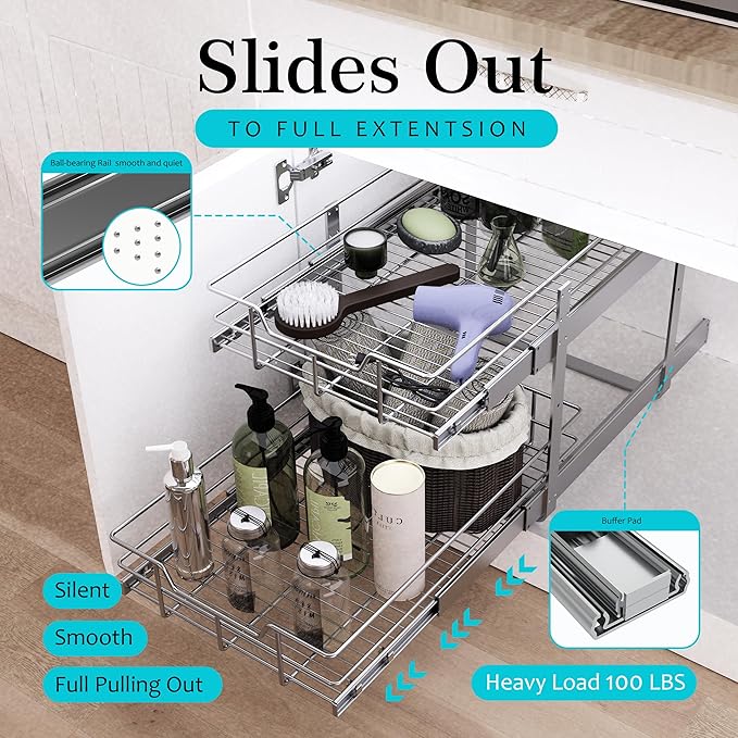 2 Tier Pull Out Cabinet Organizer 17" W X 22" D, Slide Out Drawers For Kitchen Cabinets, Pullout Drawers For Cabinets Capacity Heavy Duty Caddy, Cabinet Pullout Shelves Chrome-Plated,Bathroom Pantry
