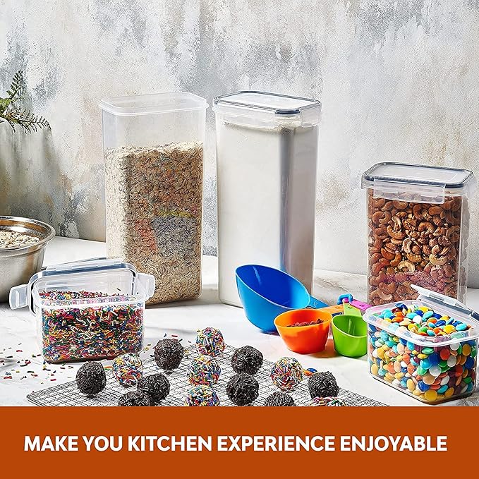 24 Pack Airtight Food Storage Container Set - BPA Free Clear Plastic Kitchen and Pantry Organization Canisters with Durable Lids for Cereal, Dry Food Flour & Sugar - Labels, Marker & Spoon Set