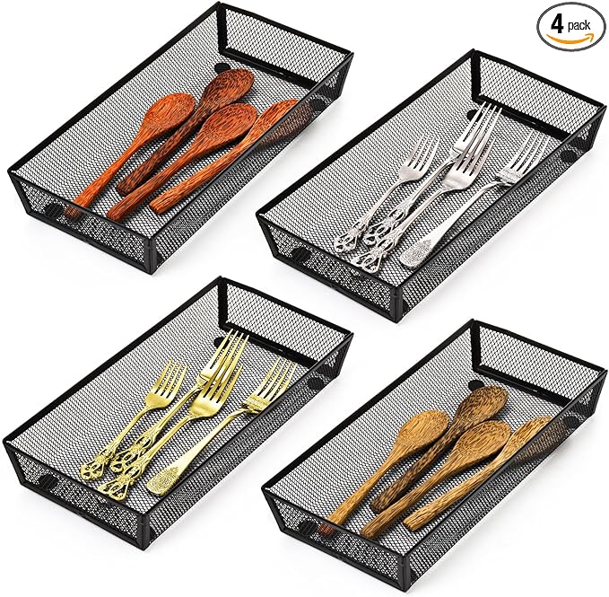 Elsjoy 4 Pack 12 Inch Mesh Flatware Trays for Kitchen Drawers, Metal Utensil Desk Drawer Organizer Kitchen Cutlery Tray Holder, Long Narrow Silverware Organizer for Spoon, Knife, Fork