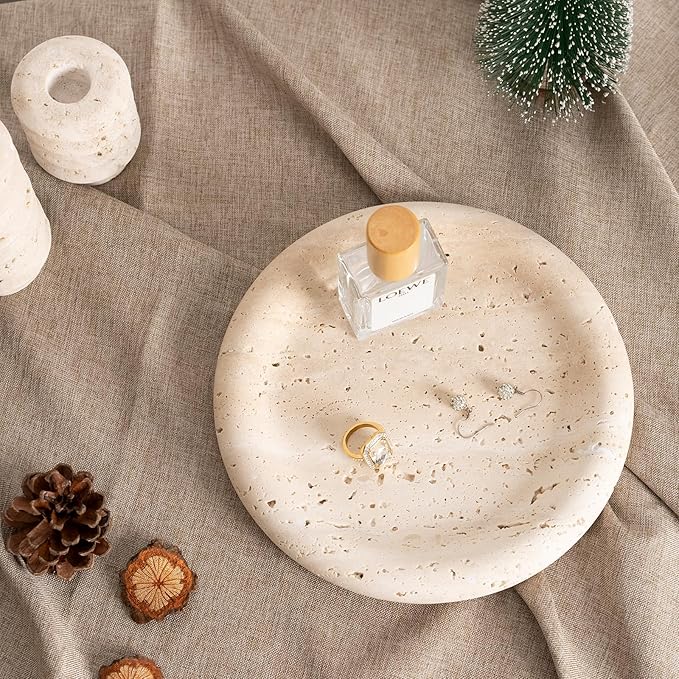 Koville Italian Round Travertine Tray, 8" Vanity Decorative Marble Tray for Countertop, Catchall for Perfume, Candles, Jewelry Dish