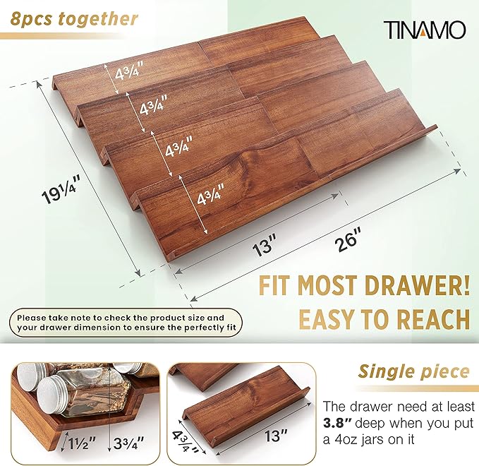 Tinamo Wood Spice Drawer Organizer - Acacia Wooden Tray Spice Racks Organizer for Cabinet Storage Shelf - 4 Tier Spice Rack Organizer for Drawer 64 Jars (Pack 8)