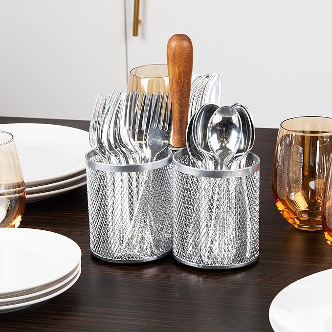 Mind Reader Utensil Holder, Silverware Organizer, Caddy, Cutlery Holder, Kitchen, Metal Mesh, 7.5" L x 7.5" W x 9.75" H, Silver