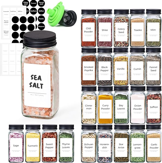 ComSaf 24Pcs 4oz Glass Spice Jars with Shaker Lids, 93 Labels, a Handy Funnel, a Pepper Grinder, Empty Spice Containers and Square Spice Bottles for Kitchen and Seasoning