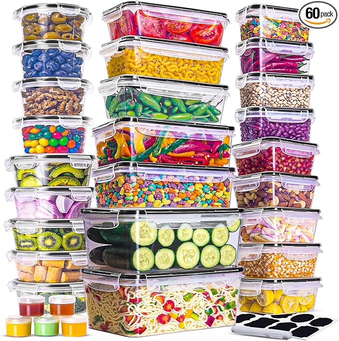 RFAQK 60 PCS Food Storage Containers with Lids Airtight-75 OZ to 1.2 OZ-Leakproof Clear Plastic Meal Prep Containers Reusable-Microwave and Dishwasher Safe