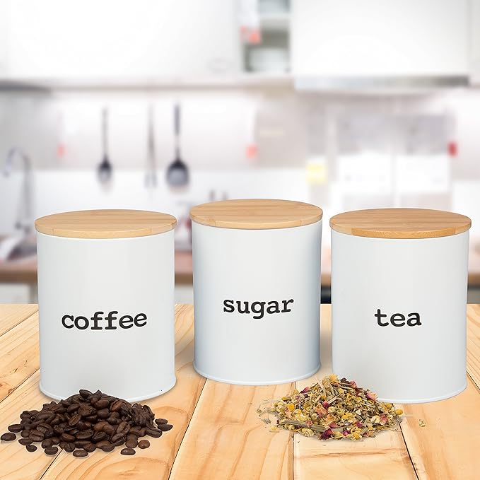Kitchen Canister Set with Air Tight Bamboo Lids- 3 Food Storage Containers for Coffee, Tea and Sugar