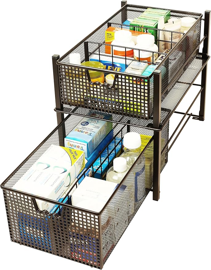 Deco Brothers Stackable Pull Out Cabinet Sliding Basket with Dividers, Large, Bronze