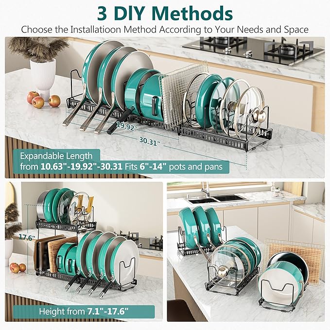 Pots and Pans Organizer Under Cabinet, 14 Adjustable Divider Pot Lid Rack Organizer 3-Pack Kitchen Storage Pan Holder Organizer Inside Cabine for Cookware, Baking Sheet(Black)
