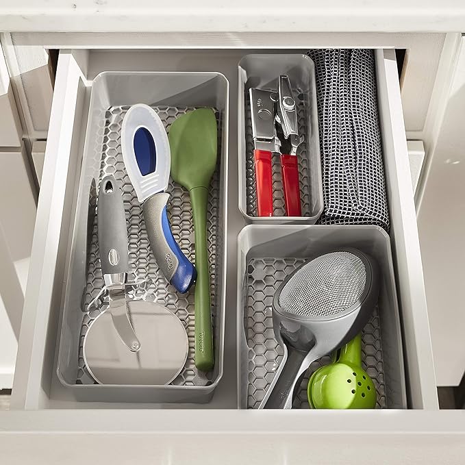 Spectrum Diversified Hexa Drawer Organizer Tray Modern Kitchen Cutlery, Utensil, Silverware Holder, Cabinet Storage, Set of 3, Stone Gray