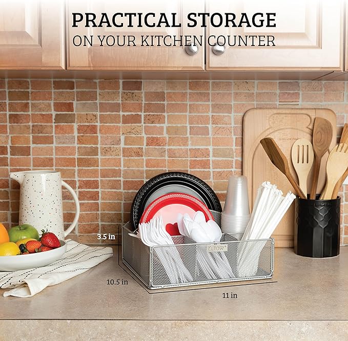ELTOW Silverware Holder and Paper Plate Organizer for Countertop, 6 Compartment Utensil Caddy for Parties, Home, Office, or RV Lifestyle (Silver)