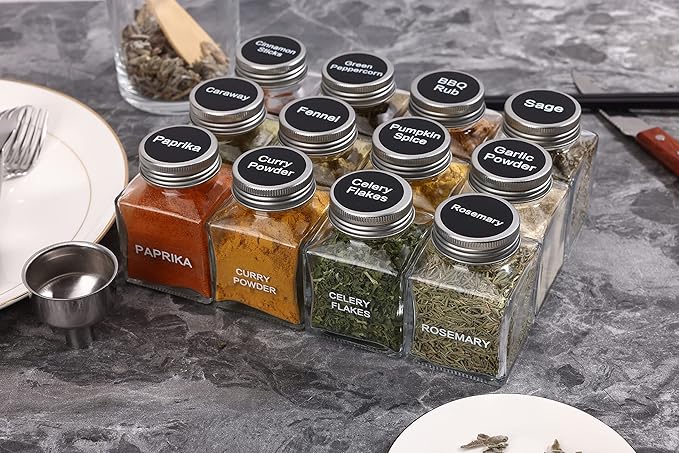 MIUKAA Unique Design Spice Jars with 372 Labels, 29-Pack 4.5 oz Personalized Cubic Clear Glass Spice Jars with Shakers, Lids, Empty Square Reusable Kitchen Storage Containers